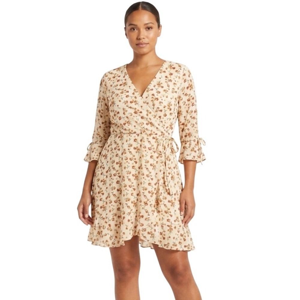 Altar'd State Floral Wrap Mini Dress Women Small Cream Orange Ruffle Boho 6196
